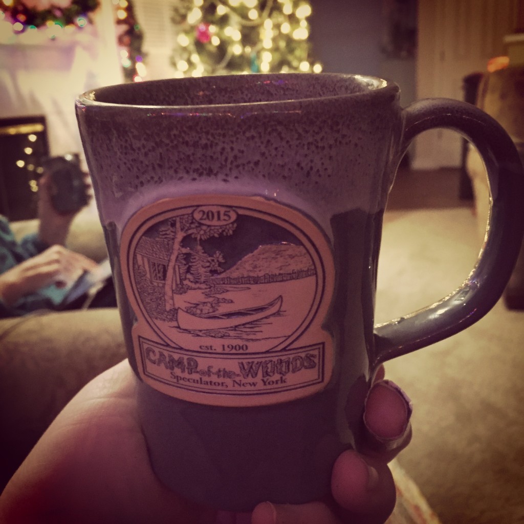 Christmas coffee in a new mug from our excellent family camp adventure